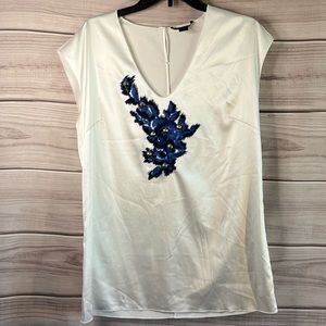 St. John White Shell Top with Navy Blue Floral Beadwork